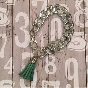 Silver Chain Bracelet with Green Tassel